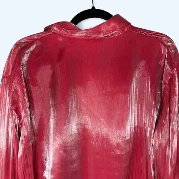 Vintage Milano Metallic Pink Crinkle Button Down Blouse XL Y2K Glam Party Top - Picture 5 of 10